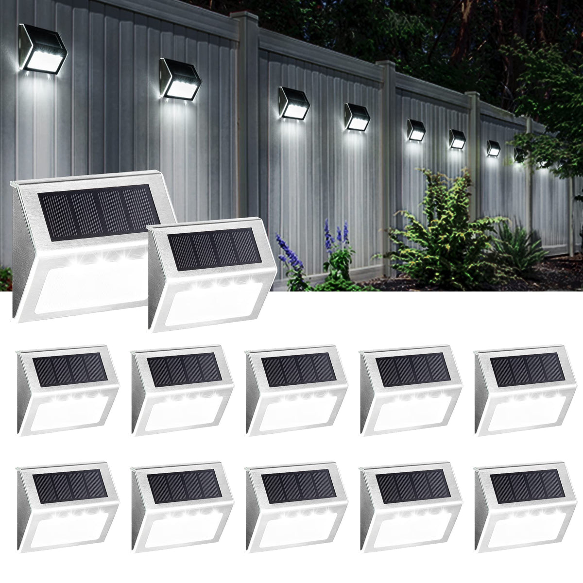 Solpex solar fence light front view showcasing the 4-LED upgrade for longer outdoor life