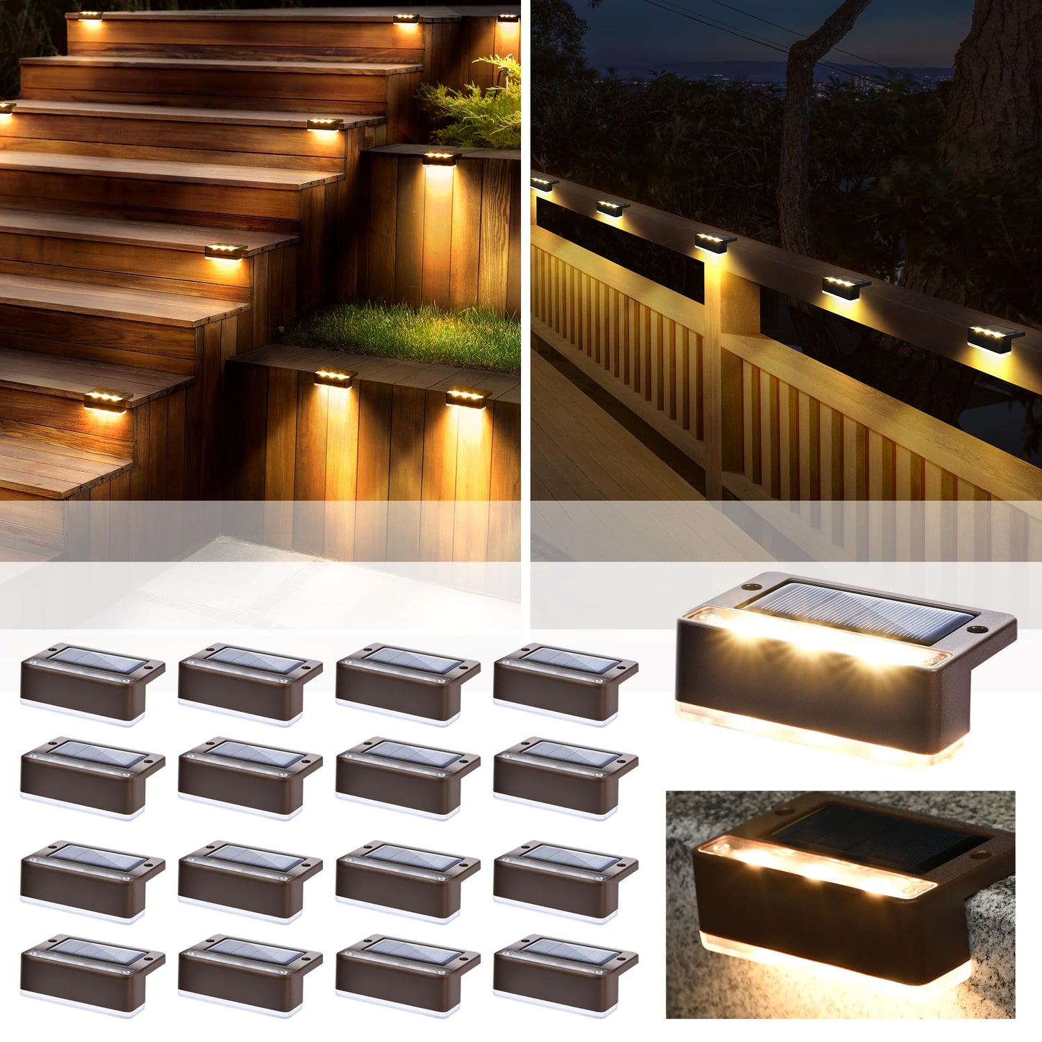 SOLPEX Solar Fence Lights front view showing 6 warm-white LEDs for inviting ambience