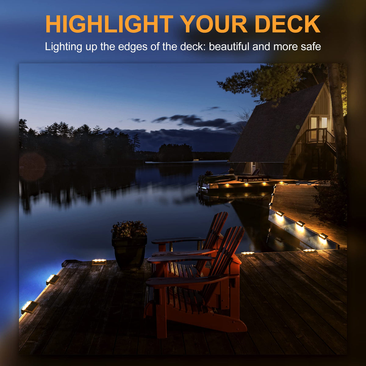 SOLPEX Solar Fence Lights on deck railing creating mood lighting along walkway