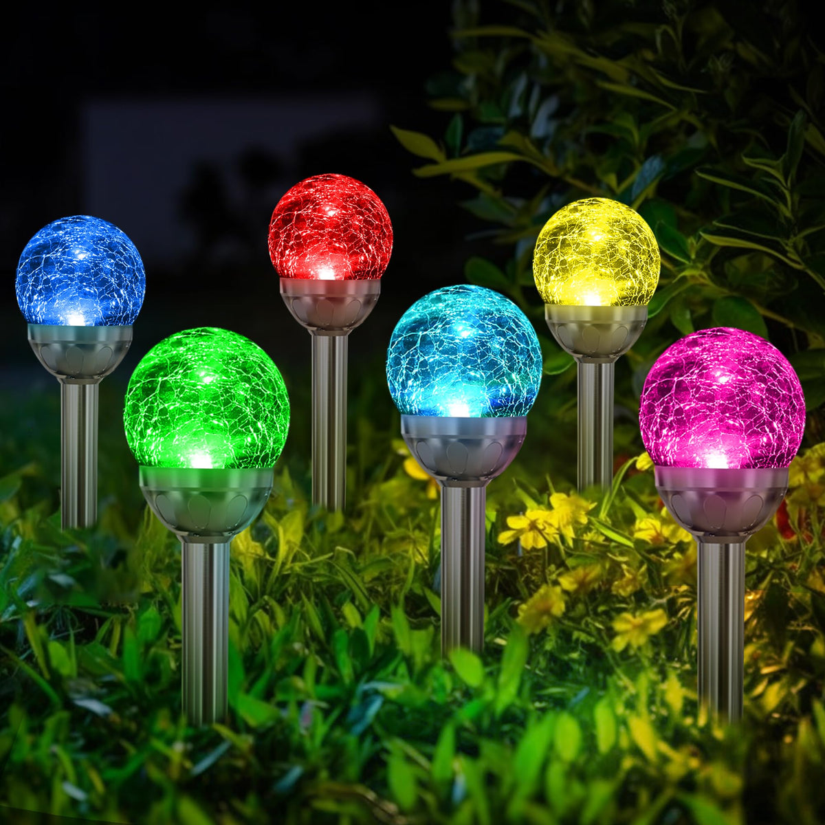 SOLPEX solar garden lights 6-pack lighting pathways with a warm ambient glow.