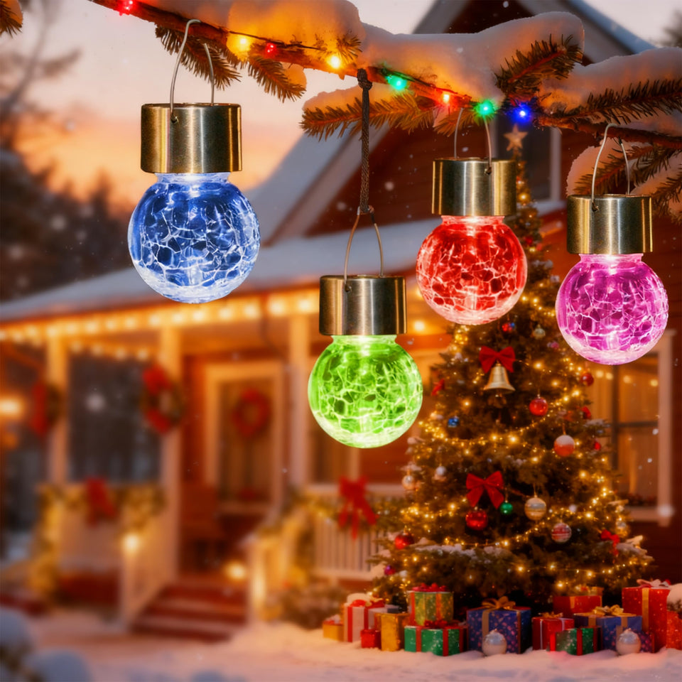 SOLPEX solar globe light with cracked glass design enhances holiday ambiance in the garden.