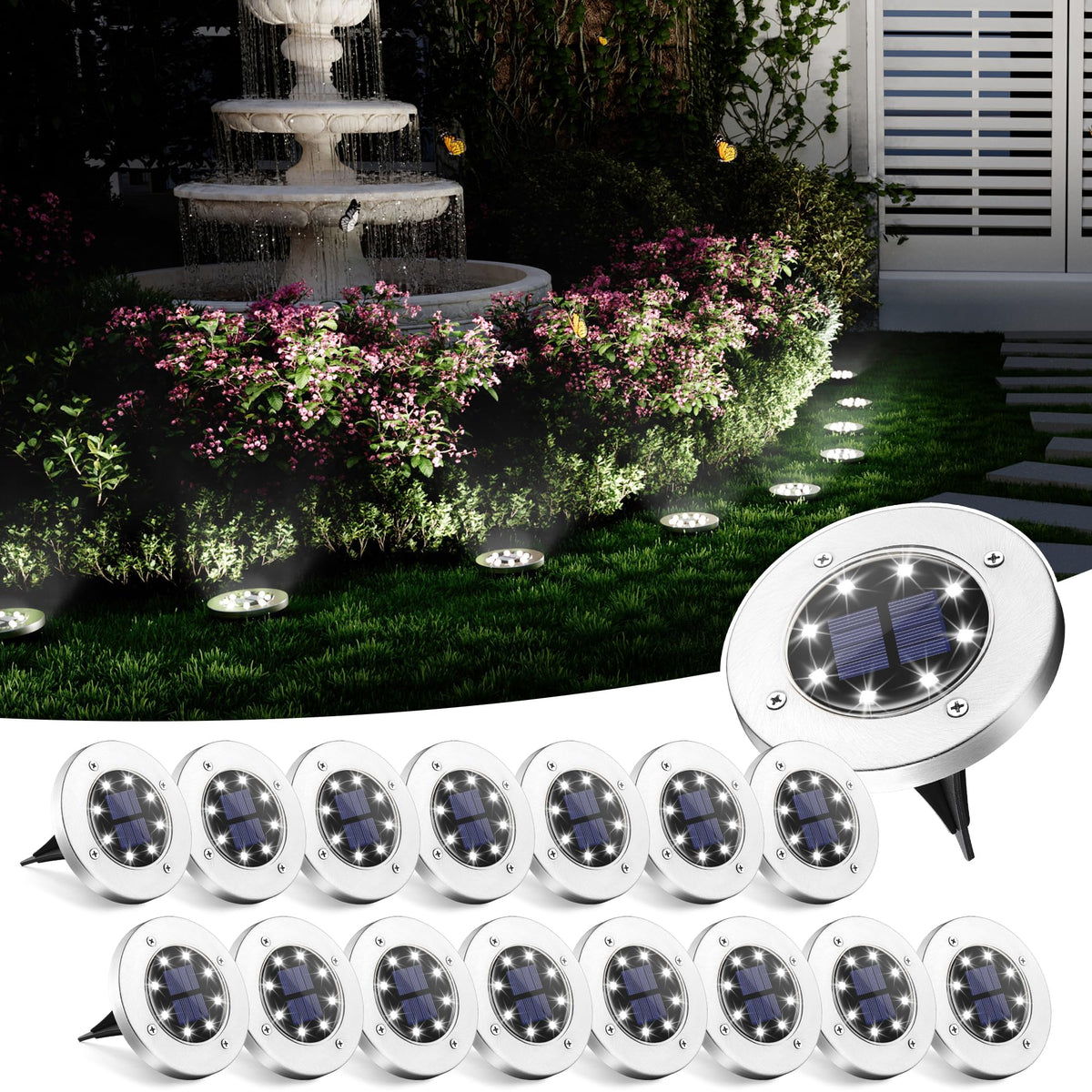 SOLPEX solar ground light with 8 LEDs illuminating a path