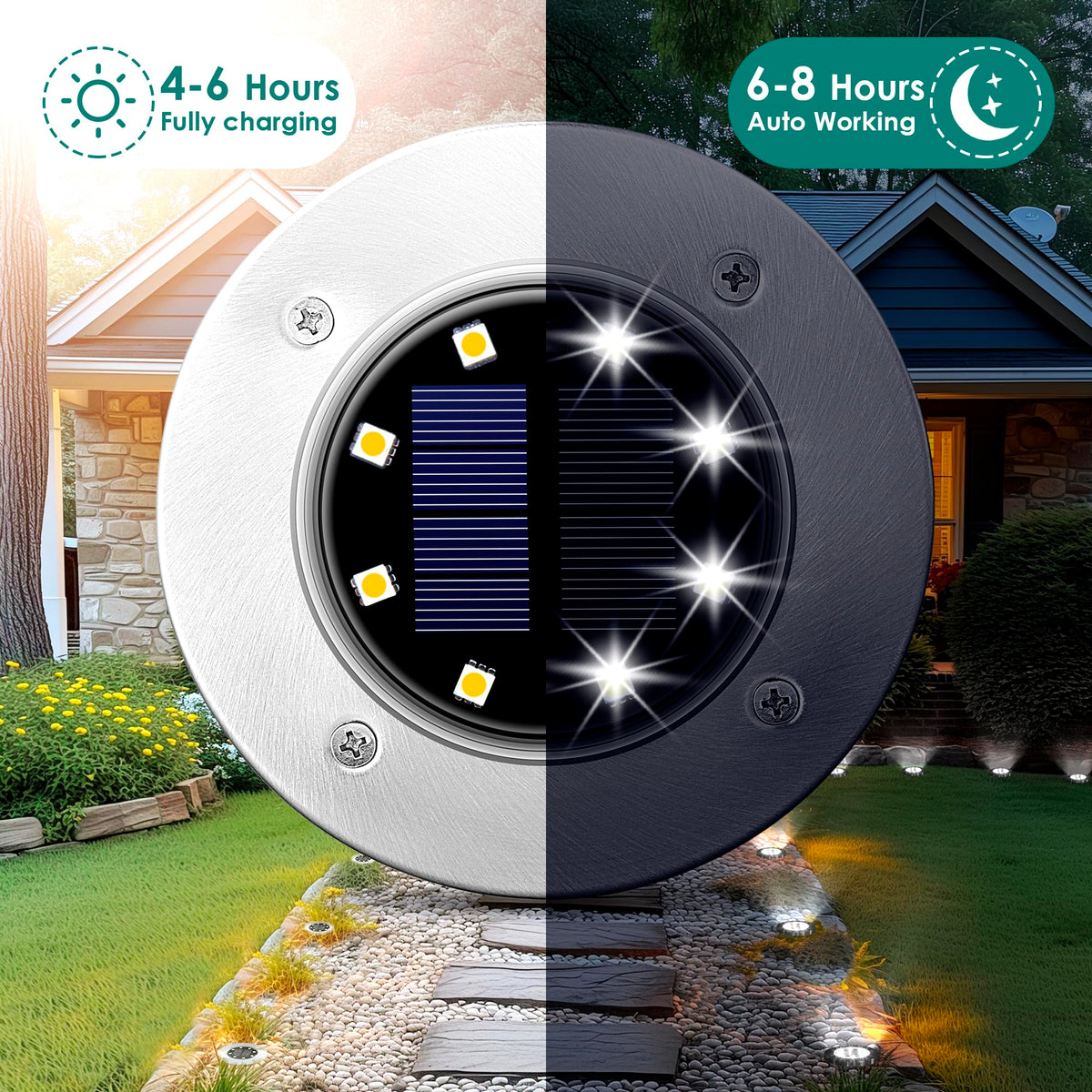 SOLPEX solar ground light disk along driveway guides footsteps at night.