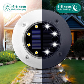 SOLPEX solar ground light disk along driveway guides footsteps at night.