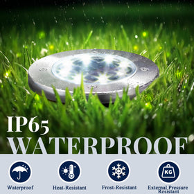 SOLPEX solar ground light disk in a garden bed accents borders.