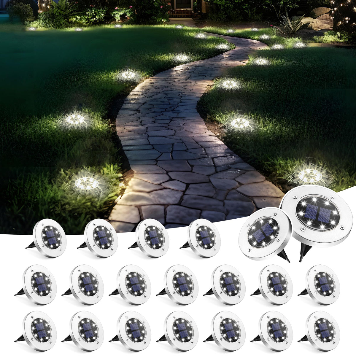 SOLPEX solar ground light disk on a lawn provides safe ambient illumination.