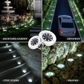 SOLPEX solar ground light disk on patio creates subtle, inviting ambience.
