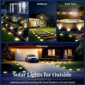 SOLPEX solar ground light disk along a driveway with soft warm white glow