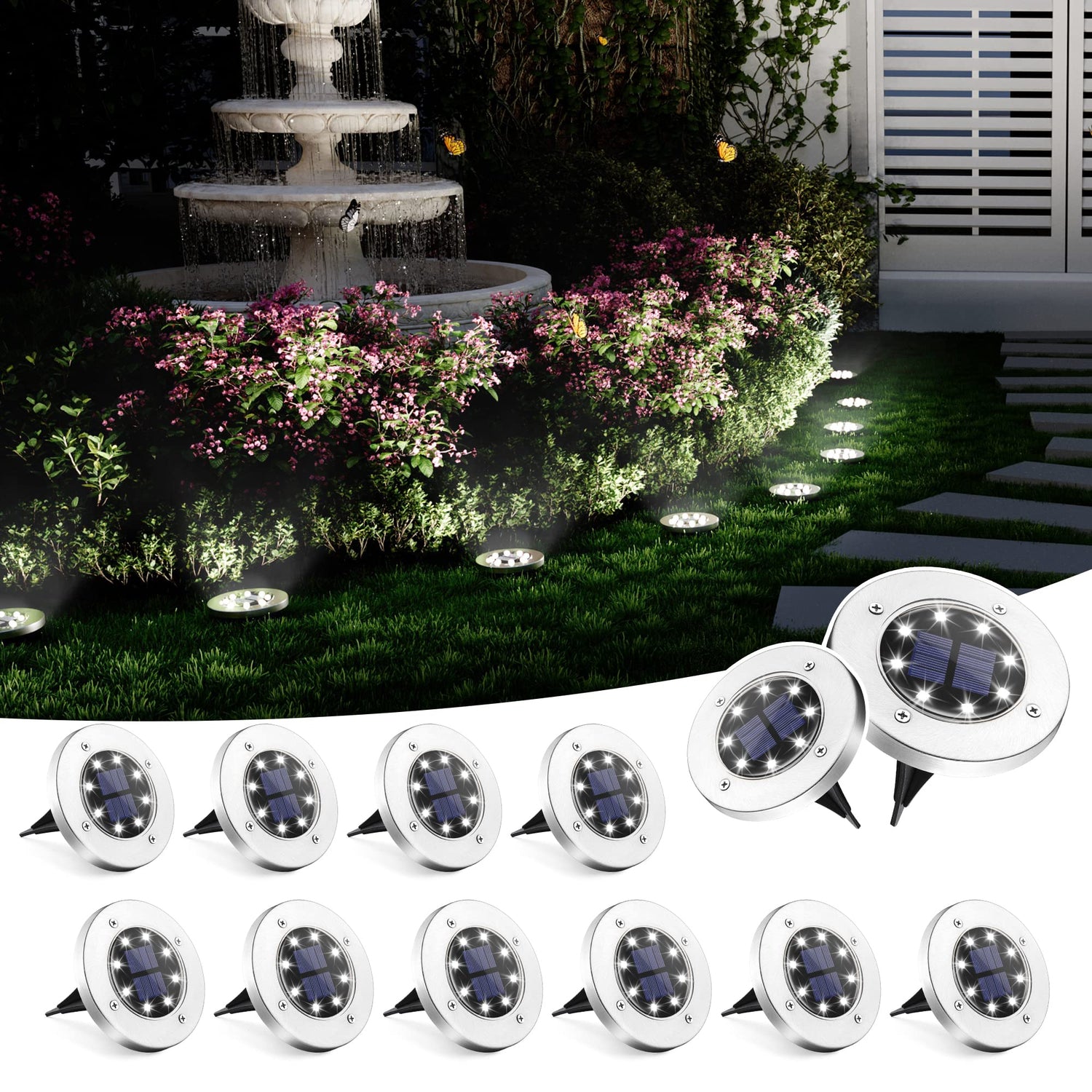 SOLPEX solar ground light with eight LEDs illuminating garden pathways safely.