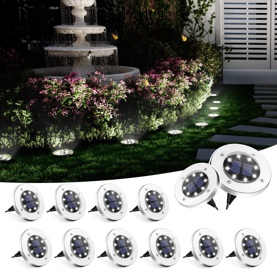 SOLPEX solar ground light with eight LEDs illuminating garden pathways safely.