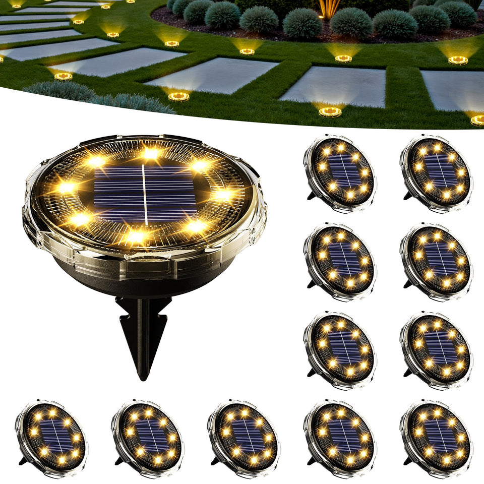 SOLPEX solar ground lights along a garden pathway for safe night visibility.
