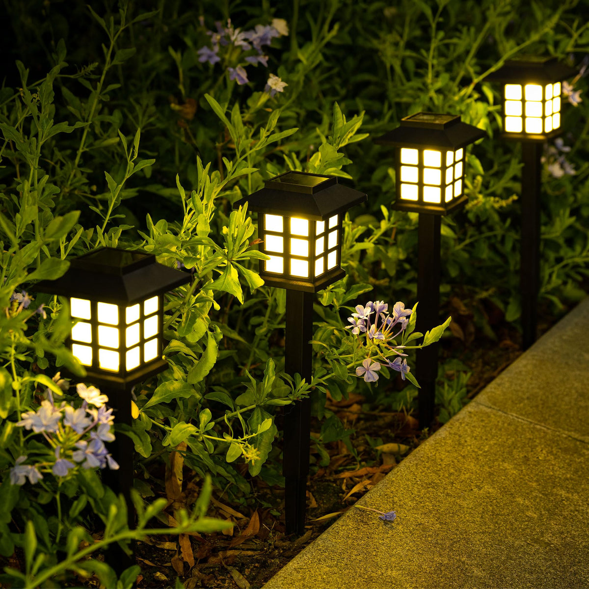 SOLPEX warm white glow illuminates a yard at dusk