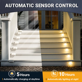 SOLPEX solar step light on deck provides automatic dusk-to-dawn illumination.