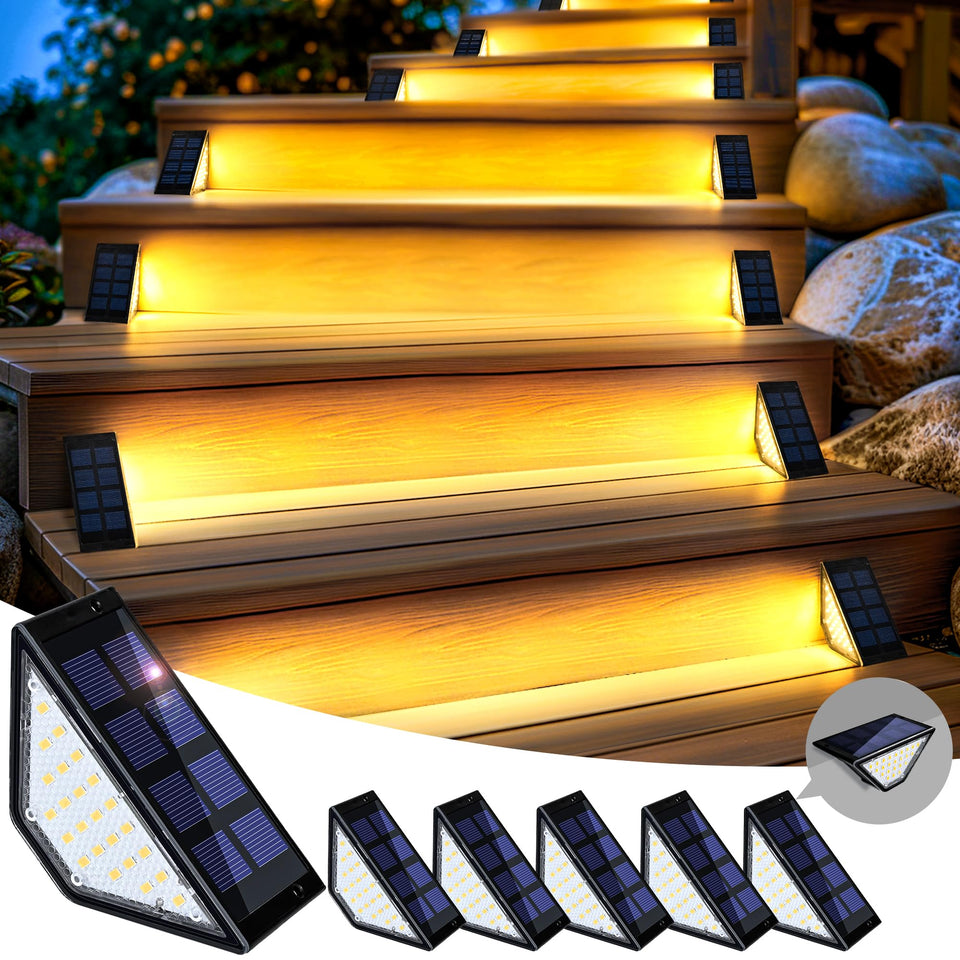SOLPEX solar step lights with 24 LEDs illuminate stair edges safely.