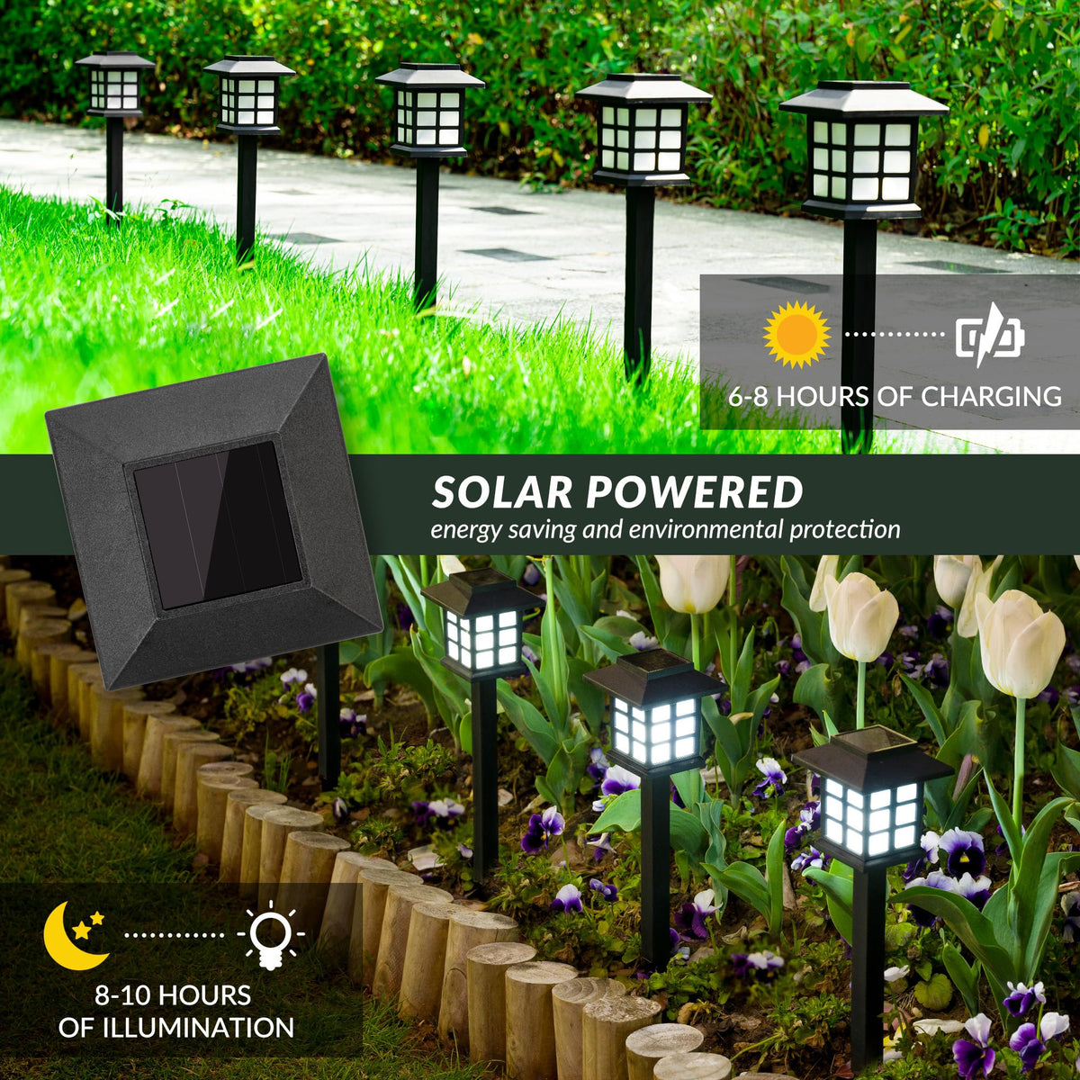 SOLPEX walkway light on garden path for safer evening navigation.