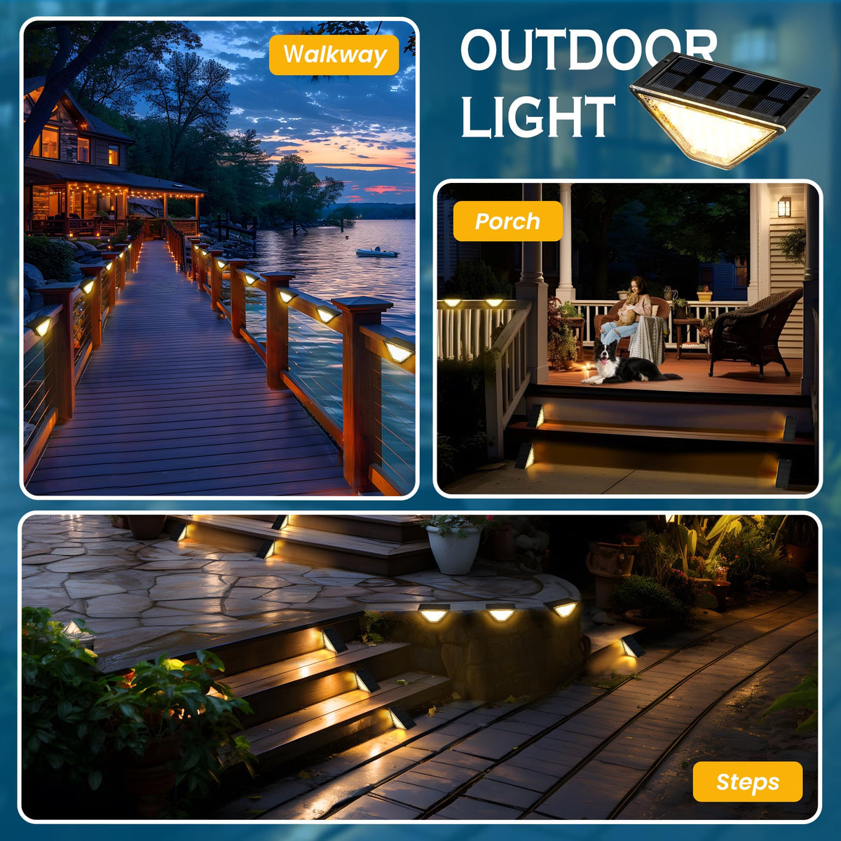 SOLPEX warm white solar stair lights create a cozy porch ambiance.