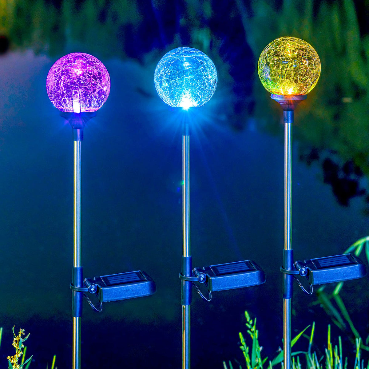 SOLPEX yard decorative lights staked along a lawn edge