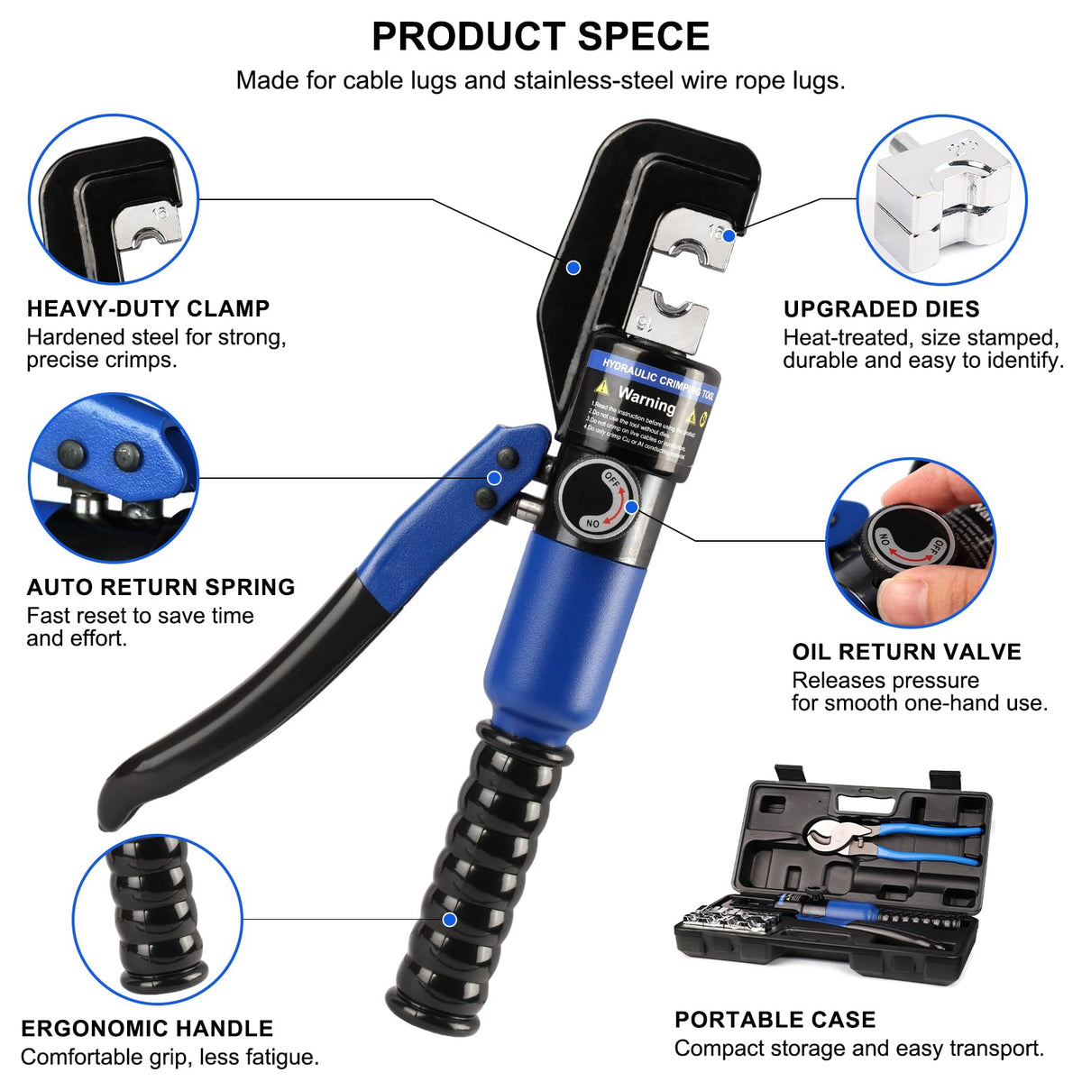 Solsop crimping tool showing 360° rotating head for tight-space access.