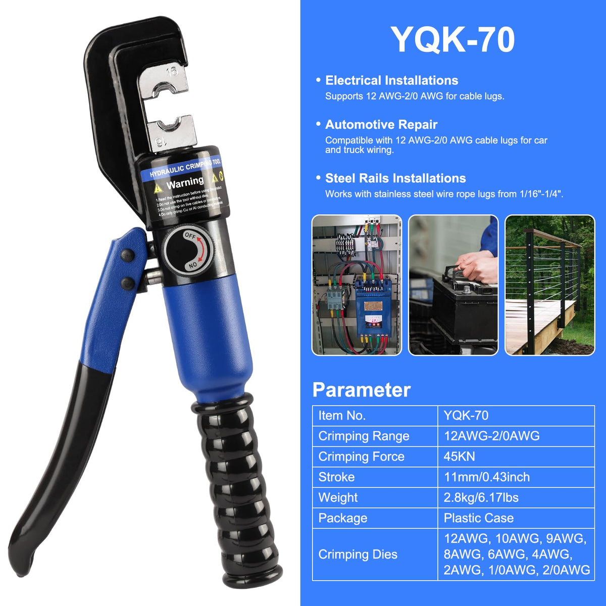 Solsop battery cable crimper handling 12-2/0 AWG for secure lug connections.