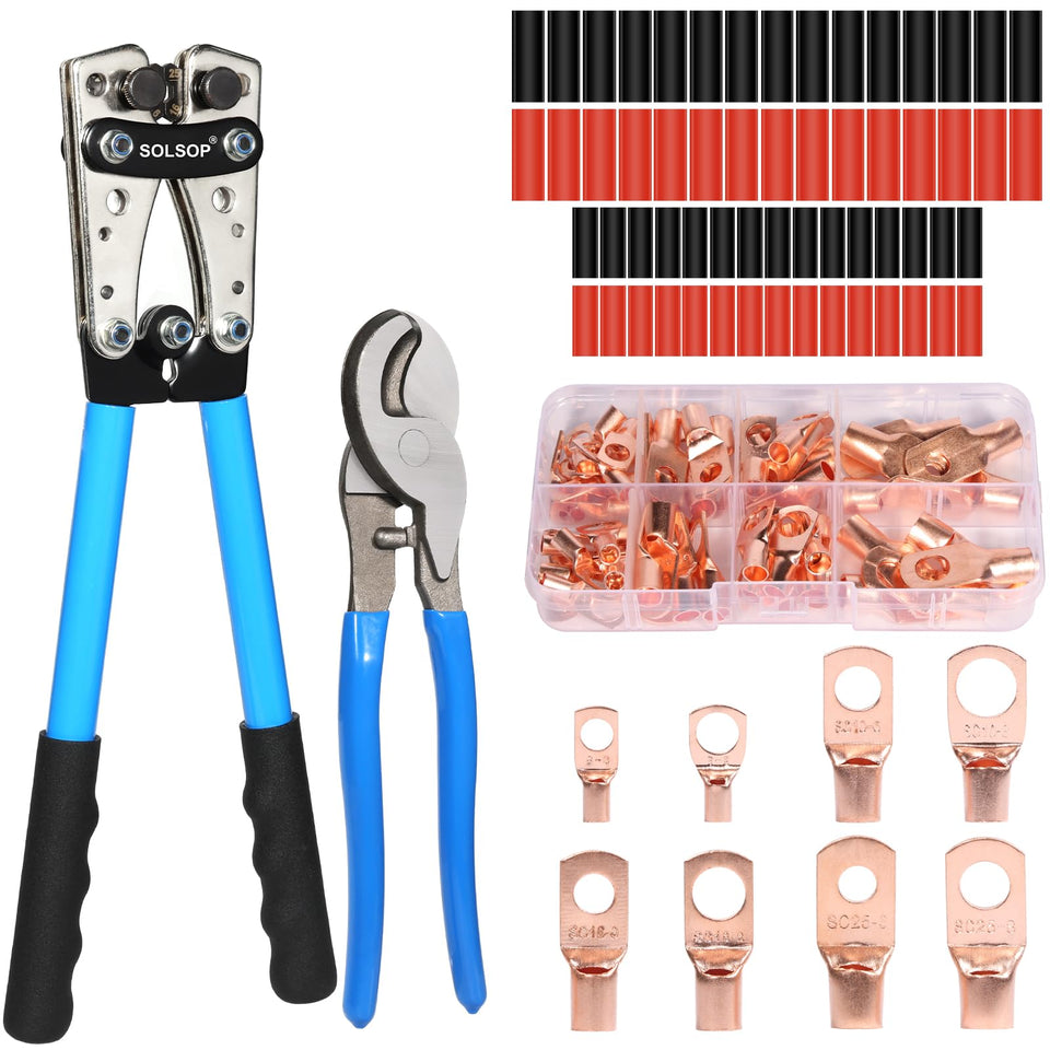 Solsop battery lug crimper tool with six dies for versatile automotive wiring.
