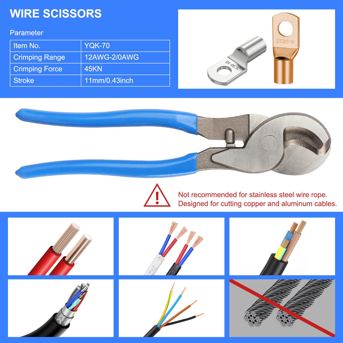 Solsop cable cutters included for copper and aluminum cables.