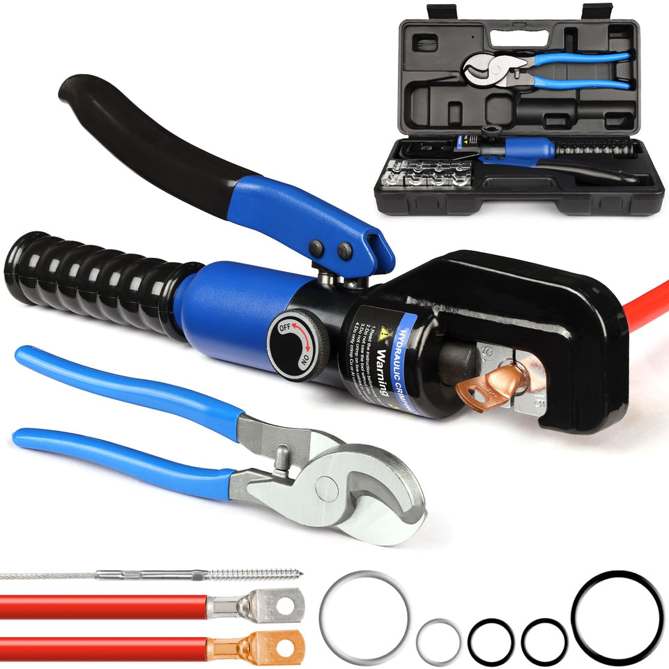 Solsop hydraulic crimping tool with 10-ton dies enabling precise copper cable crimps.