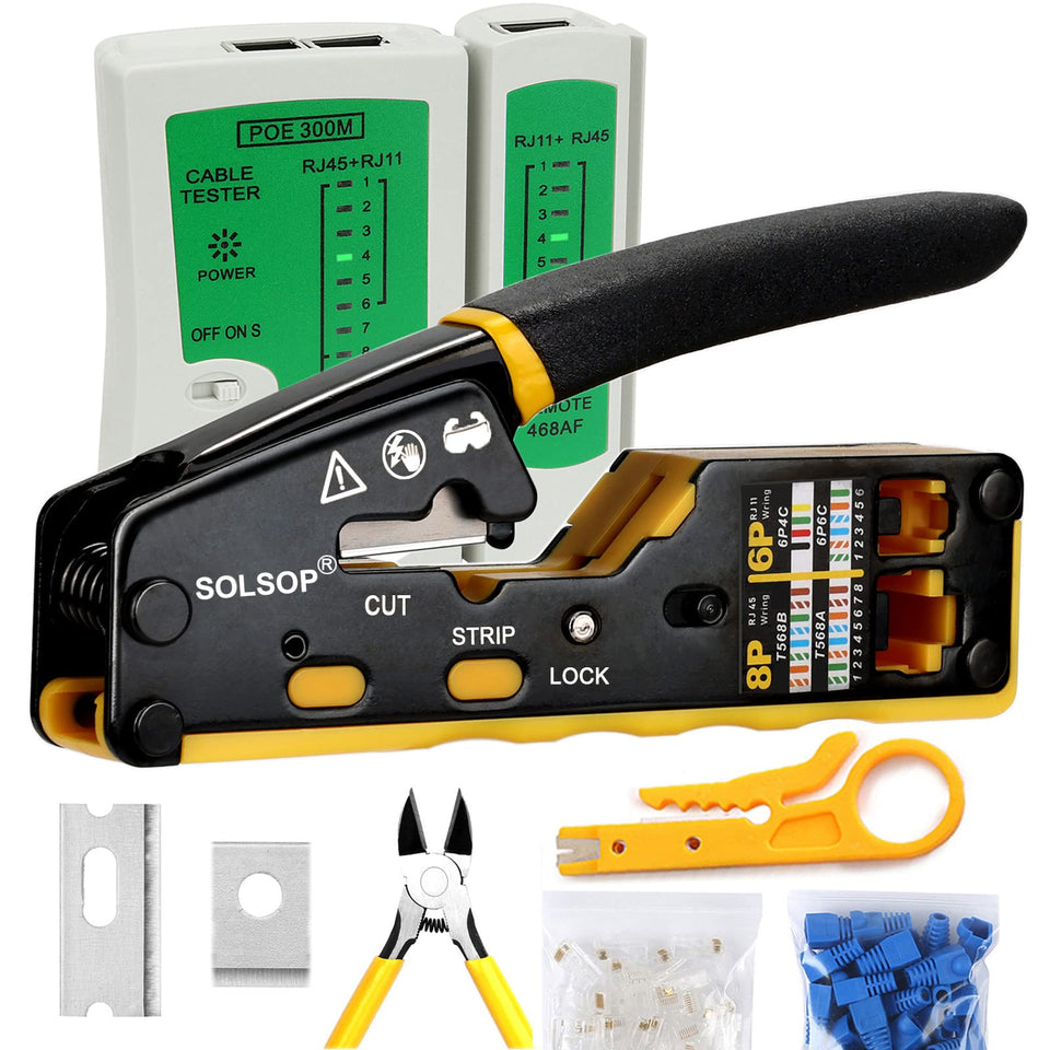Solsop pass-through RJ45 crimp tool front view for quick terminations