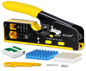 Solsop Pass Through RJ45 crimp tool front view with ergonomic grip for precise crimps.