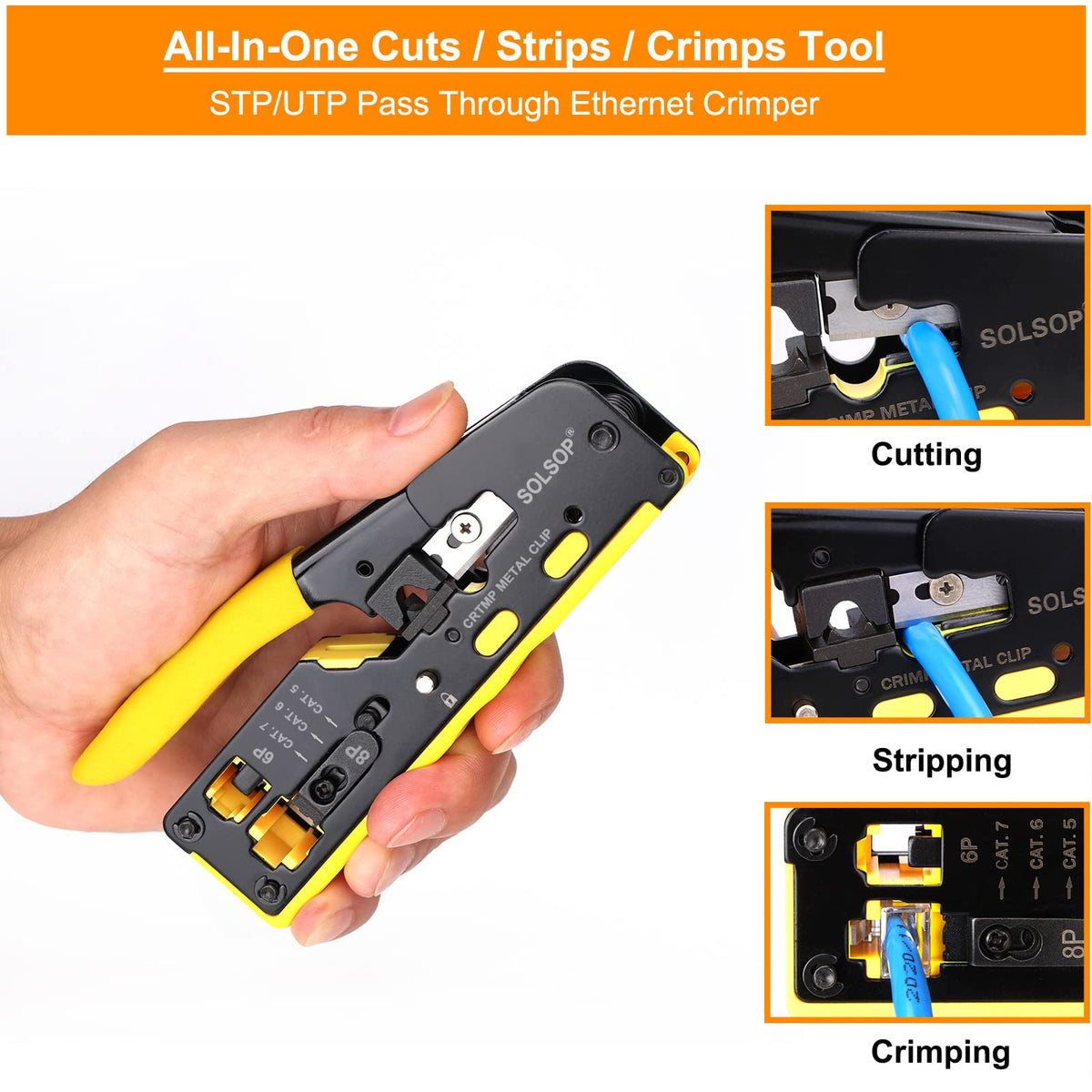 Solsop crimp tool side view highlighting compact, one-handed operation.