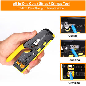 Solsop crimp tool side view highlighting compact, one-handed operation.