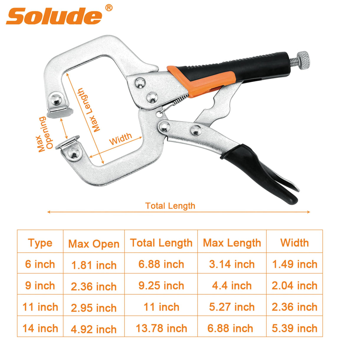 SOLUDE 6-inch clamp locking pliers showing adjustable jaw for varying materials.