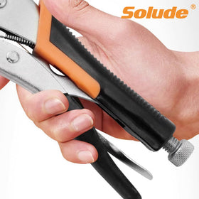 SOLUDE ergonomic grip on locking pliers reduces hand fatigue during use.