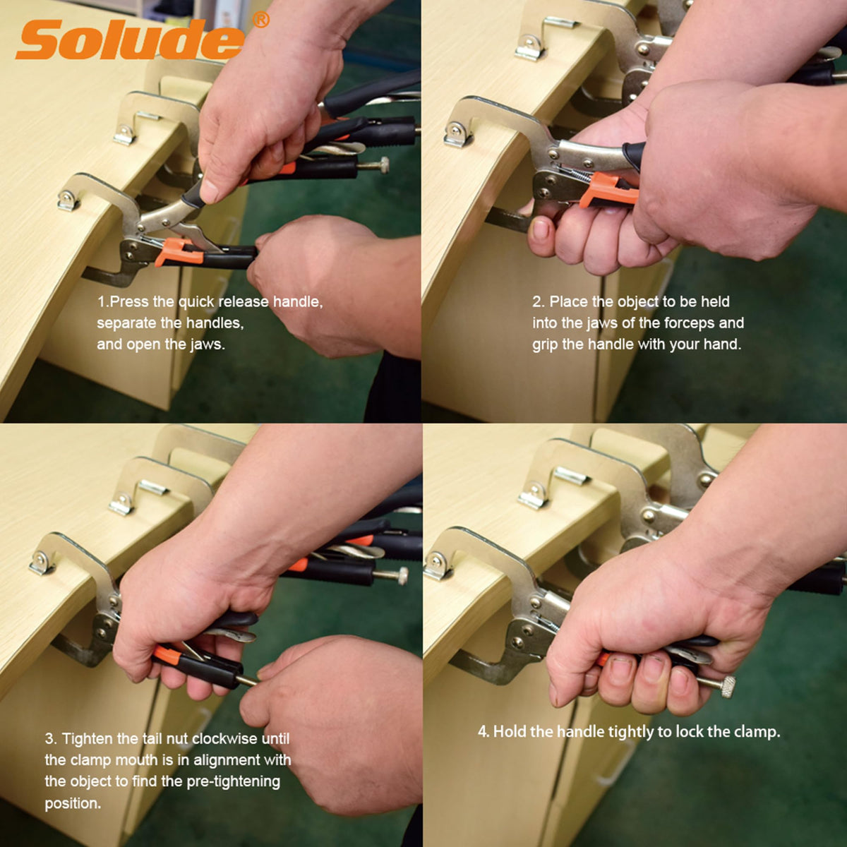 SOLUDE 6-inch clamp locking pliers in a woodworking project setup.