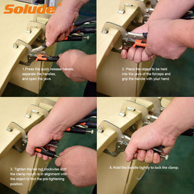 SOLUDE 6-inch clamp locking pliers in a woodworking project setup.