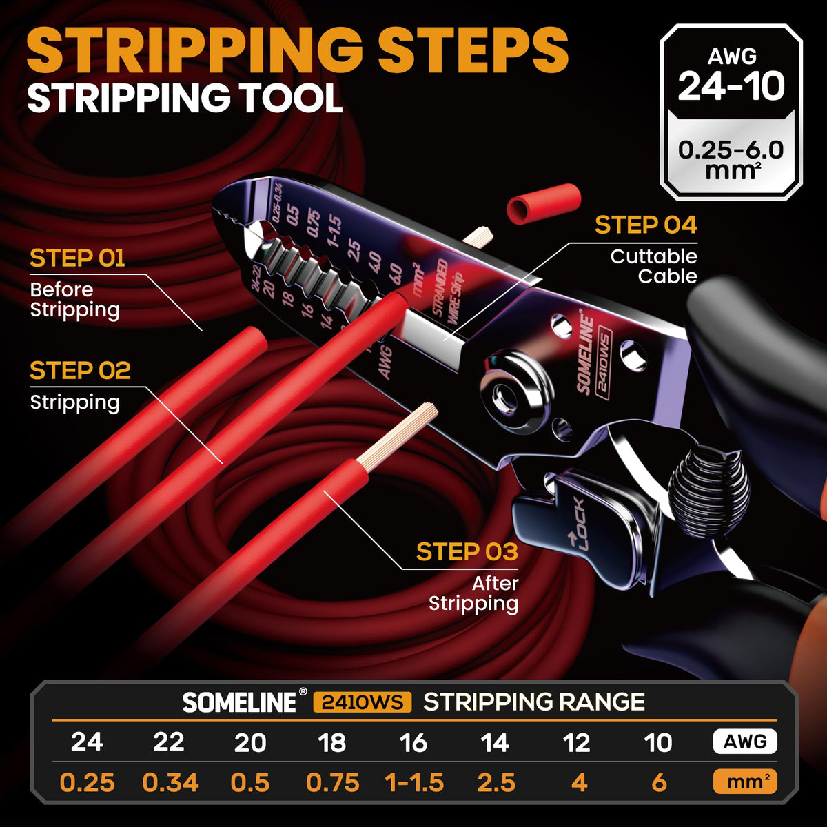 SOMELINE 22-14 AWG crimp range illustrated on tool.