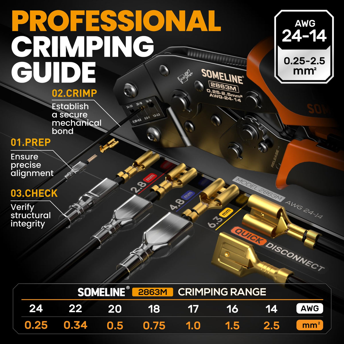 SOMELINE adjustable crimp tool ratchet maintains consistent pressure across terminals.