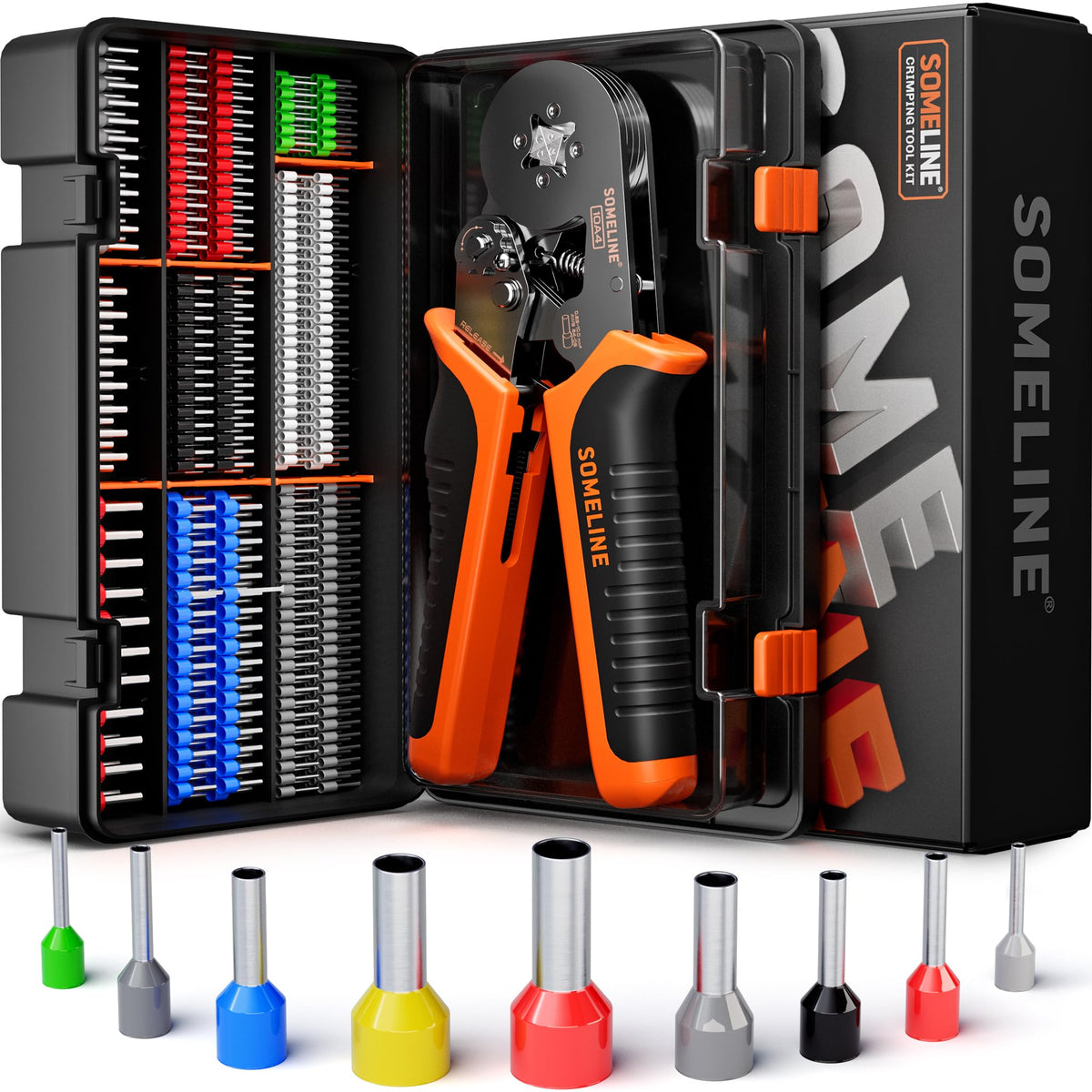 SOMELINE ferrule crimping tool kit box opened for organized use.