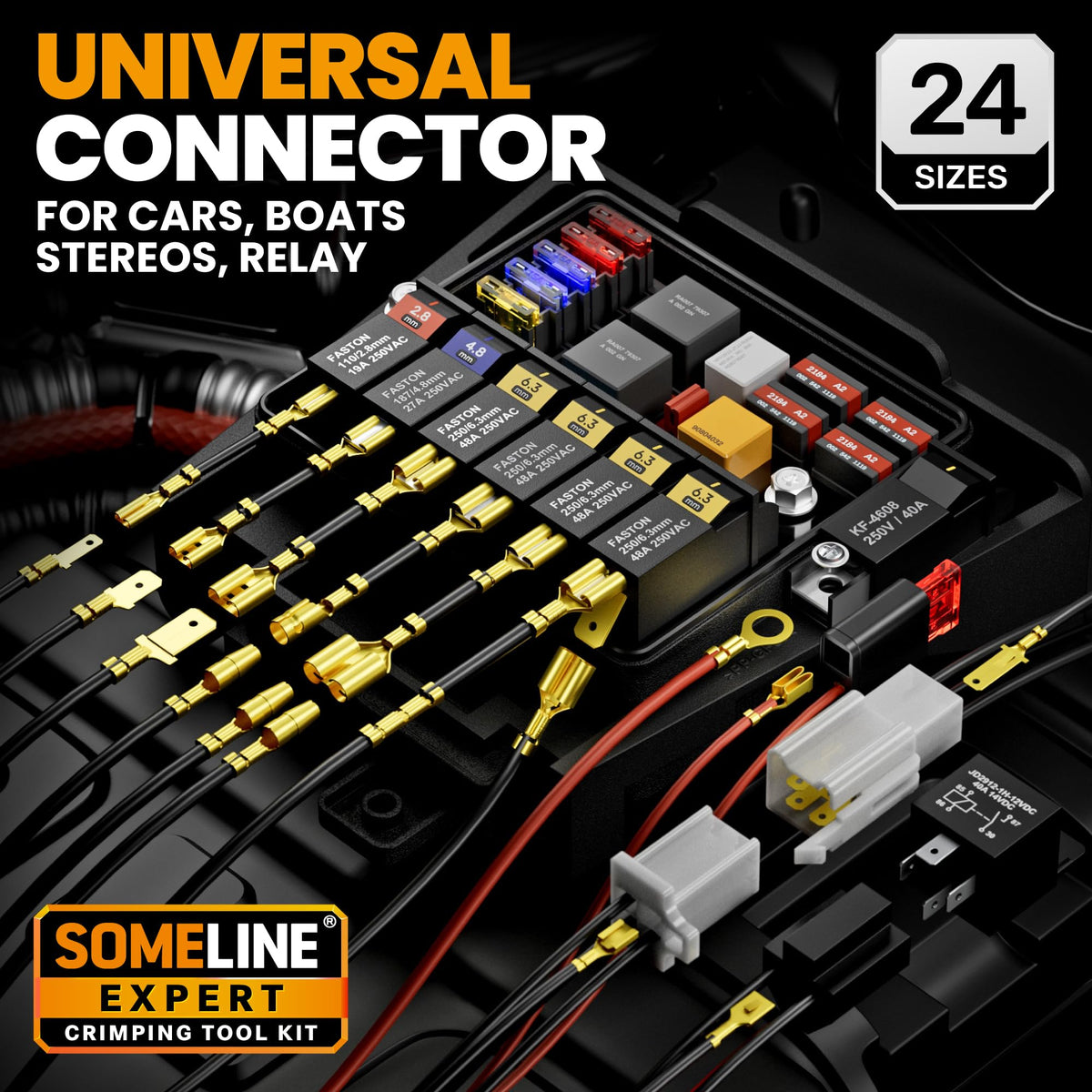SOMELINE open-barrel terminals 2.8-6.3 mm support versatile DIY connections.