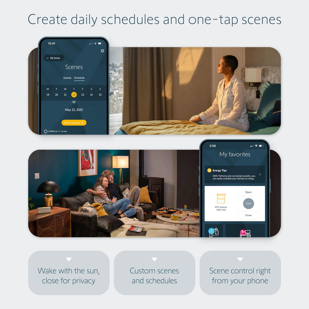 The TaHoma app control screen showing scenes and schedules.