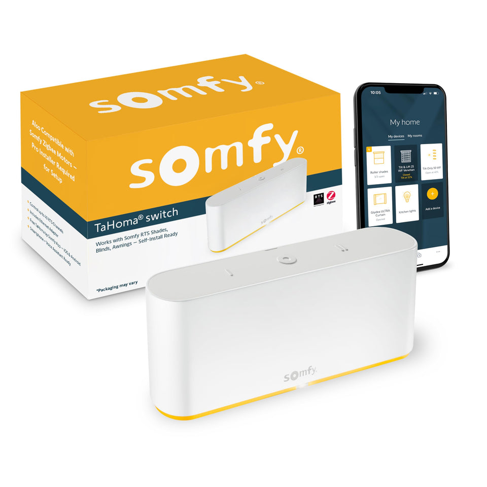 Somfy TaHoma Switch Hub on a desk enabling quick RTS control from your phone.