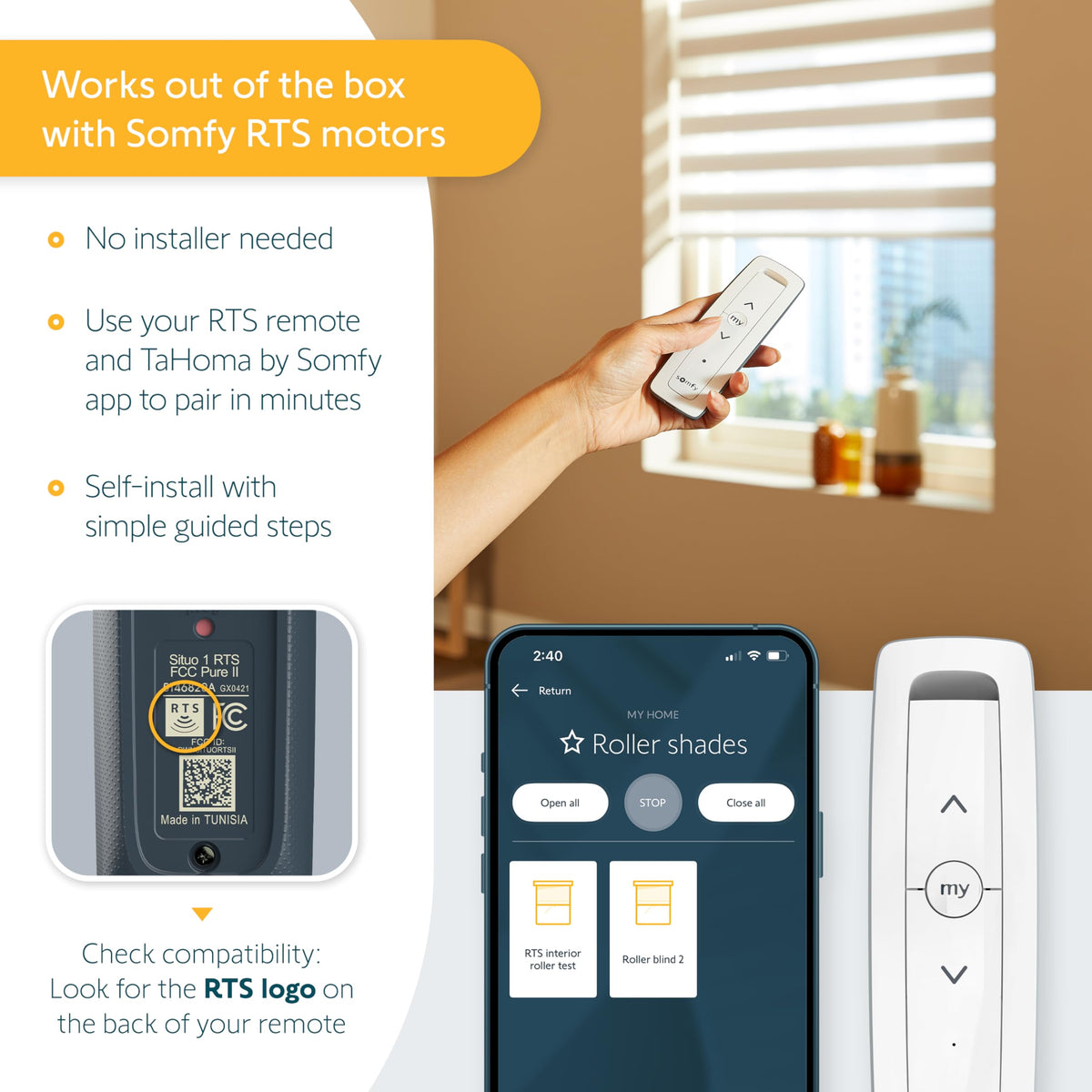 Somfy TaHoma groups shades by room for synchronized control.