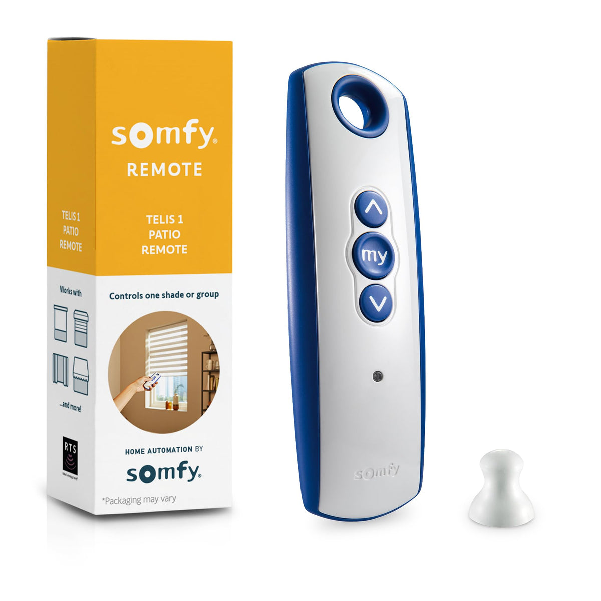 Somfy Telis 1 Patio remote in hand controls outdoor shades with easy one-channel operation.