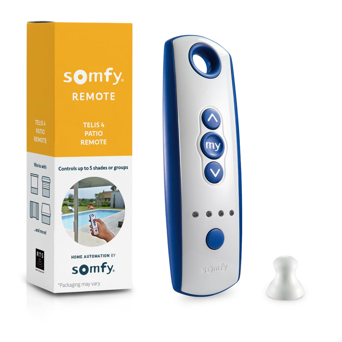 Somfy Telis 4 Patio remote blue-gray finish controls outdoor shades.