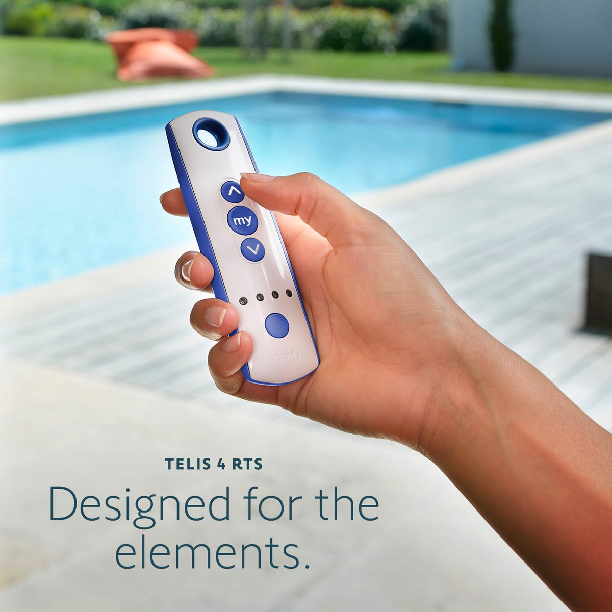 Somfy Telis 4 remote five-channel buttons manage multiple outdoor shades.