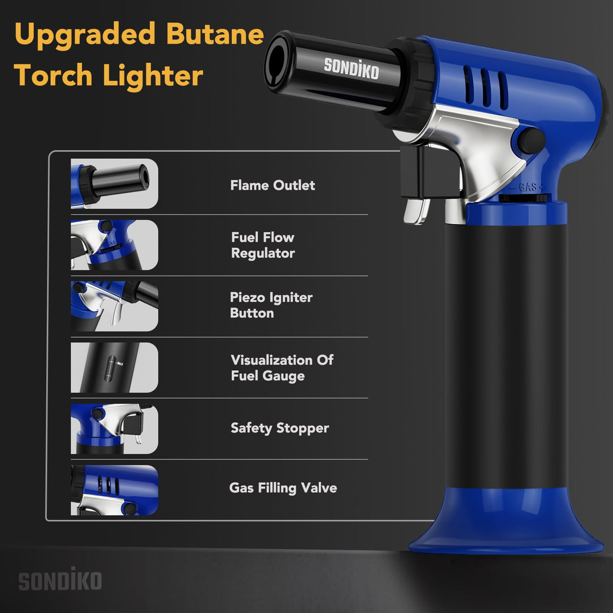 Sondiko torch includes red adapter to extend nozzle.