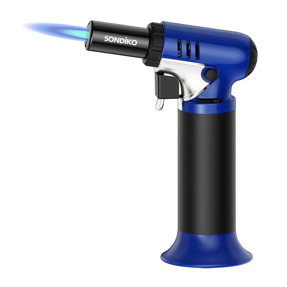 Sondiko butane torch with visible fuel window for precise refills.