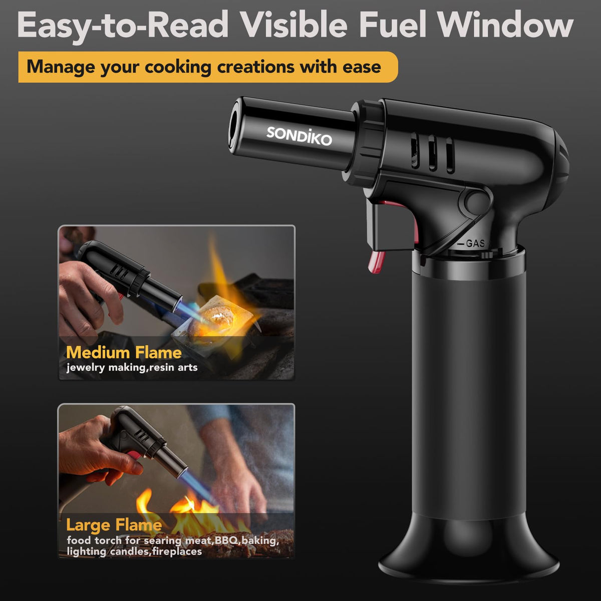 Sondiko one-handed operation demonstrates thumb-friendly flame control for precision.