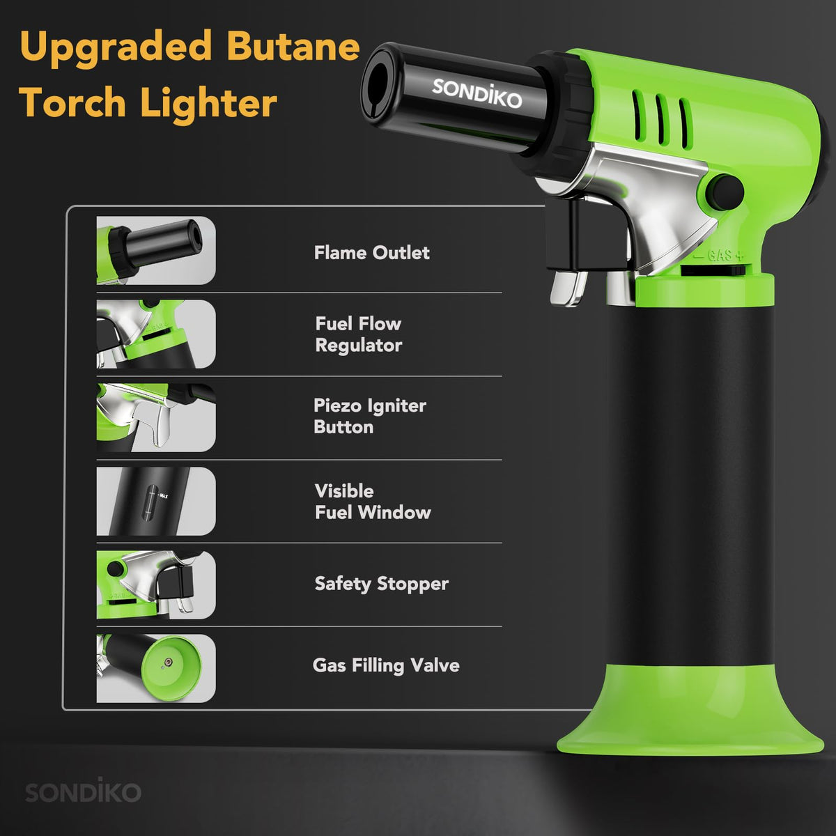 Sondiko torch comes with adapter for compatibility with various butane cans.