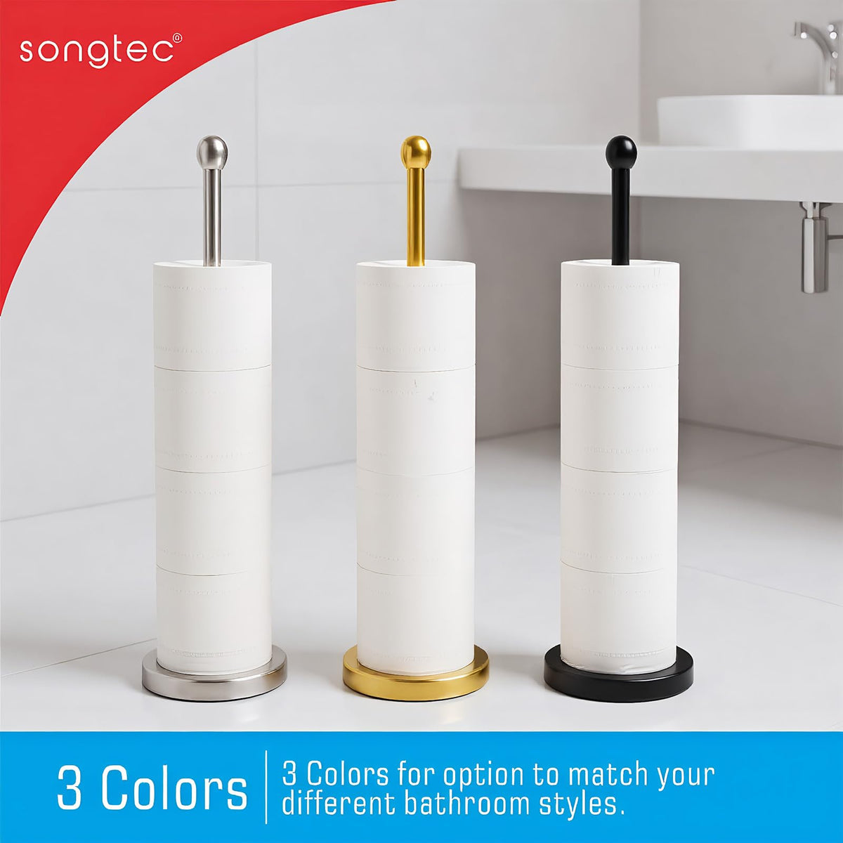 Songtec Gold Freestanding stand fits most toilet paper sizes for versatility.