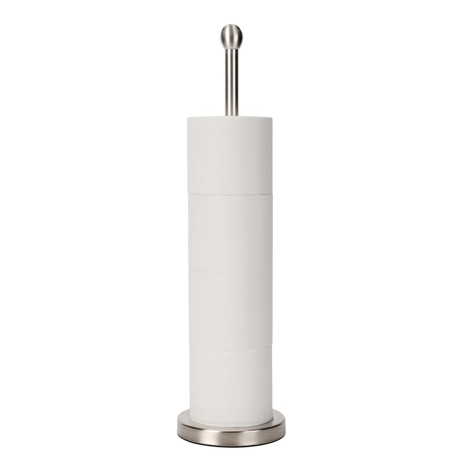 Songtec toilet paper stand in brushed nickel holds four rolls with easy access.